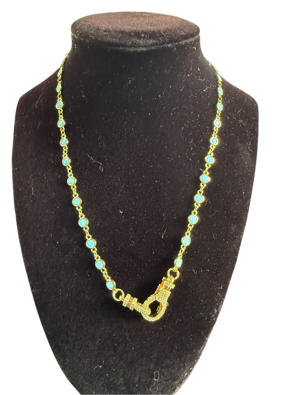 New Freida Rothman Gold Plated Turquoise Color Gems 18” Necklace Pave Clasp